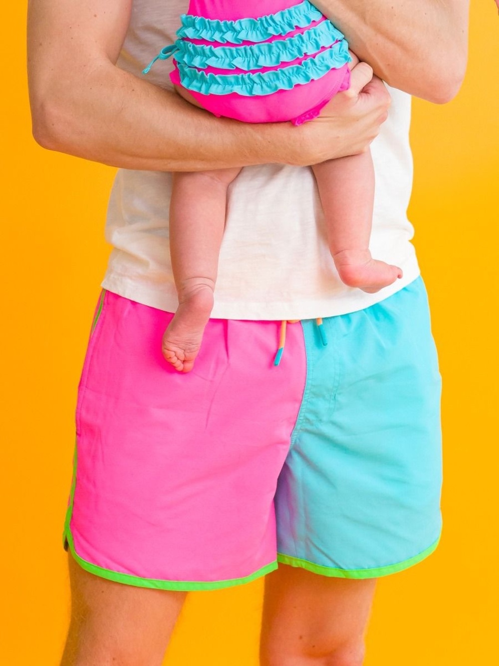 Rugged Butts Neon Color Block Men's Dolphin Hem Swim Trunks